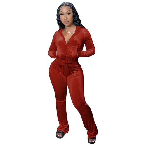 yidengymx Womens 2 Piece Velour Tracksuit Two Piece Outfits for Women Long Sleeve Zip Up Crop Tops Sweatpants Sets Pockets X-Small Hoodie-Wide Leg Pan
