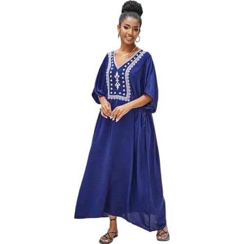 Women's Embroidery Swimsuit Cover Ups Beach Cover Up Caftan Plus Size Vneck Rainbow Ethnic Print Kaftan Batwing One Size 23003-0