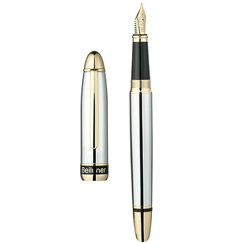 BEILUNER 315 Silver Chrome Fountain Pen,Stunning Luxury Pens with 24K Gold Accents, Gorgeous 24K Gilded Nib(Medium), Ink Converter,Fancy Pen Gift for