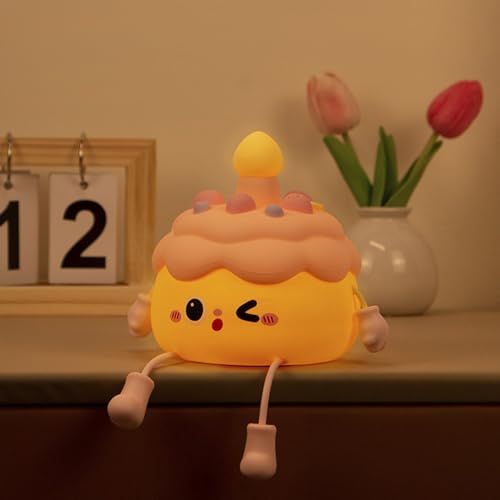 Fun Night Light - Cute Birthday Cake Night Lamp USB Rechargeable, Auto-Off Nursery Bedside Sleep Lamp 2 Brightness Levels, Women Girls Boys Teens Frie