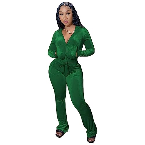 yidengymx Womens 2 Piece Velour Tracksuit Two Piece Outfits for Women Long Sleeve Zip Up Crop Tops Sweatpants Sets Pockets X-Small Hoodie/Wide Leg Pan