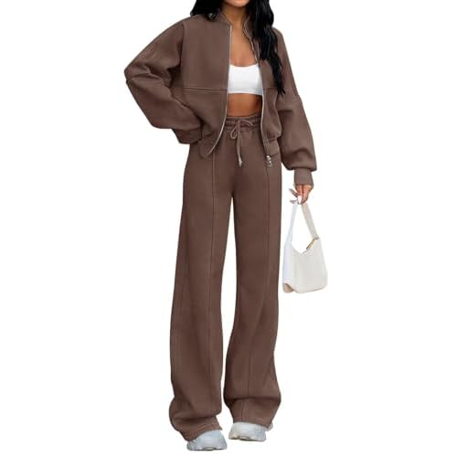 Womens 2 Piece Sweatsuits Set Zip Up Sweatshirt Wide Leg Sweatpants Loungewear Outfit Coffee Small