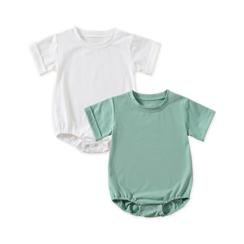 Jimonda Baby Bubble Romper Boy Girl Solid Color T-Shirt Outfits Short Sleeve Bodysuit Organic Cotton 2Pcs White Darkgreen 3-6 Months