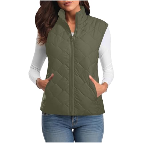 Womens Quilted Vest Lightweight Zip Up Puffer Sleeveless Autumn Outerwear Casual Body Warmer with Versatile Collar A02 Army Green Large