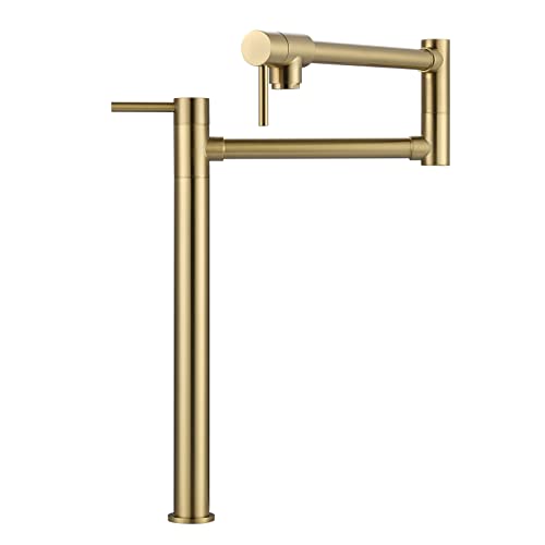 WOWOW Pot Filler Faucet Deck Mount Stove Faucet, Solid Brass Pot Filler Brushed Gold with Stretchable Double Joint Swing Arm (Modern Style, Brushed Go