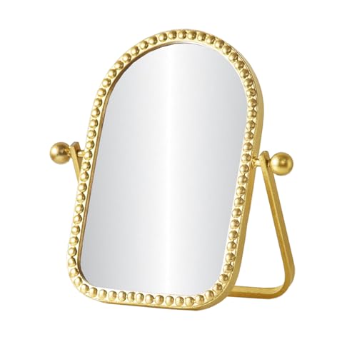 Vintage Vanity Table Mirror, Desk Makeup Mirror Metal Framed with Stand, Gold Arched Retro Mirrors 360 Adjustable Rotation for Tabletop, Bedroom, Bath