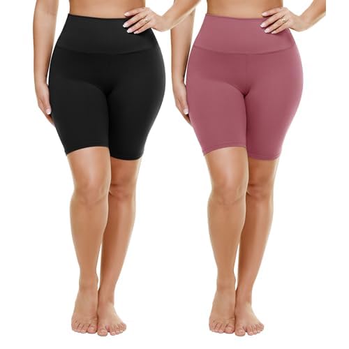 TNNZEET 2 Pack Plus Size Biker Shorts for Women - 8" Black High Waisted Tummy Control Spandex Workout Shorts (XL-4XL) 4X-Large Black-Dark Pink