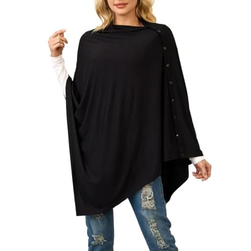 Ferand Women's Lightweight Poncho Tops Versatile Buttoned Shawl Wraps for Spring Summer Black