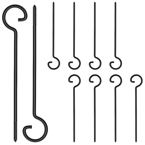 12in Screw Hooks for Hanging - 10Pcs Ceiling Hooks for Birds House, Christmas Lights, Curtains, Kitchen, Plants - Indoor-Outdoor Hanger (Black) 12 Inc