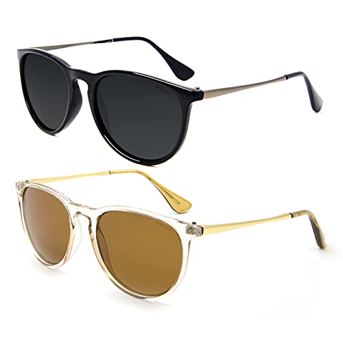 ANDOILT Vintage Polarized Sunglasses for Women Men UV Protection Retro Round Mirrored Lens D4 2pcs Black Frame Grey Lens + Champagne 55 Millimeters