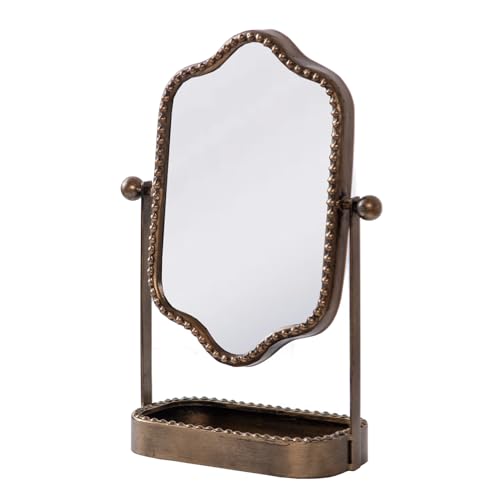 Vintage Tabletop Makeup Mirror with Tray, Metal Antique Decorative Mirror with Stand, 360°Swivel Retro Desktop Dressing Mirror Countertop, Bedroom,Ba