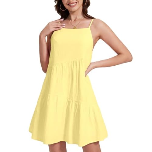FANCYINN Women's 2025 Summer Mini Dress Sleeveless Spaghetti Strap,Backless Tiered Swing Dress Beach Wedding Guest,Vacation Yellow Medium