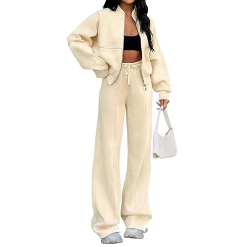 Womens 2 Piece Sweatsuits Set Zip Up Sweatshirt Wide Leg Sweatpants Loungewear Outfit Aoricot Large