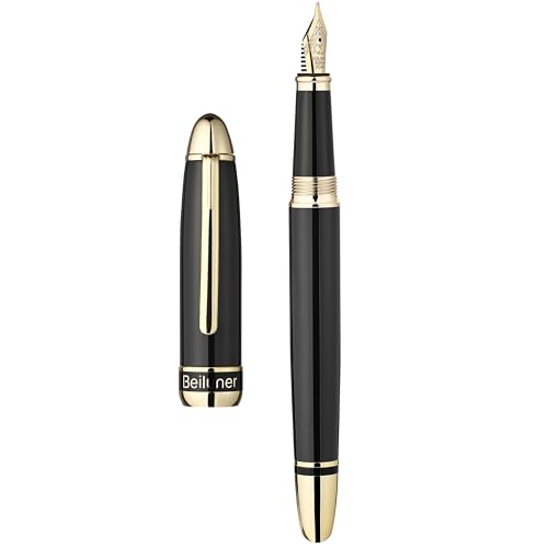 BEILUNER 315 Black Fountain Pen,Stunning Luxury Pens with 24K Gold Accents, Gorgeous 24K Gilded Nib(Fine), Ink Converter,Fancy Pen Gift for Men&Women-