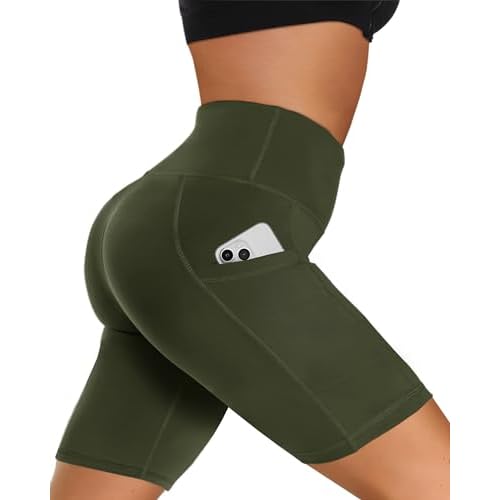 Biker Shorts Women with Pockets - 3"-5"-8" High Waisted Soft Tummy Control Workout Shorts for Yoga Athletic Gym Army Green Small-Medium 8 IN