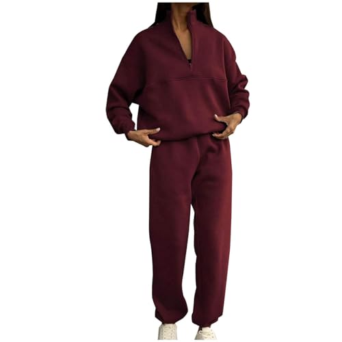 Women's 2 Piece Sweatsuits Outfits Lapel Long Sleeve Half Zip Casual Tracksuit Sweatshirt Joggers Sweatpants Set Red Small