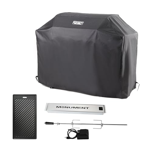 Monument Grills Heavy Duty 54-inches Gas BBQ Grill Cover 98475, Smoker Box 98457, Stainless Steel 4-Burner Rotisserie Kit 97222, and Cooking Plate 963