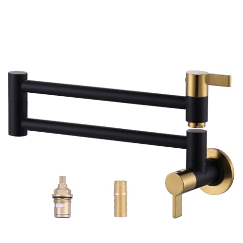 Pot Filler Faucet Black and Gold, ARCORA Modern Pot Filler Wall Mount 2 Handle with Double Joint Swing Arms Brass Stove Faucet