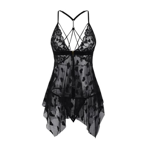 Lingerie for Women Sheer Lace Sleepwear Babydoll, Floral Pattern, Criss-Cross Back, Plus Size Lingerie S-5XL Large Black