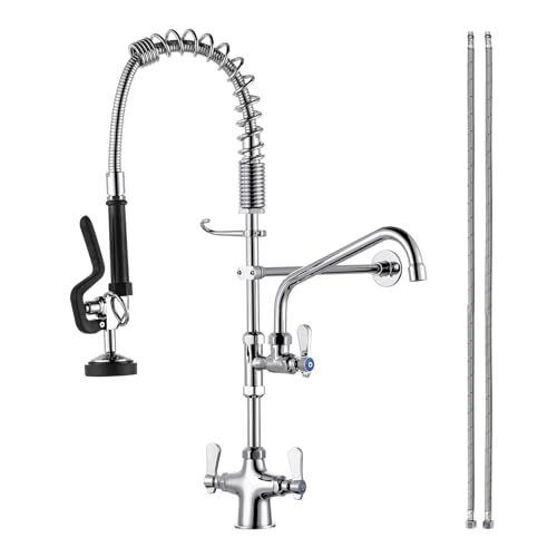 Single Hole 27" Height Commercial Kitchen Faucet Deck Mount with Pre-Rinse Sprayer, Commercial Sink Faucet with 10" Add-on Swing Spout & Spring Pull D