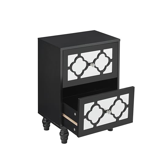 Garvee Mirrored Nightstand with 2 Drawers, Black Night Stand with Mirror, Modern Contemporary Bedside Table for Bedroom, Living Room, Small Space