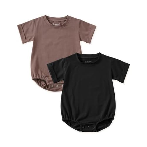 Jimonda Baby Bubble Romper Boy Girl Solid Color T-Shirt Outfits Short Sleeve Bodysuit Organic Cotton 2Pcs Brown Black 6-9 Months