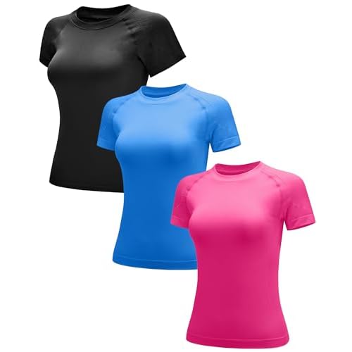 RUNNING GIRL Seamless Workout Shirts for Women，Short Sleeve T-Shirt Stretch Tees Quick Dry Gym Athletic Tops Large 3pack-1