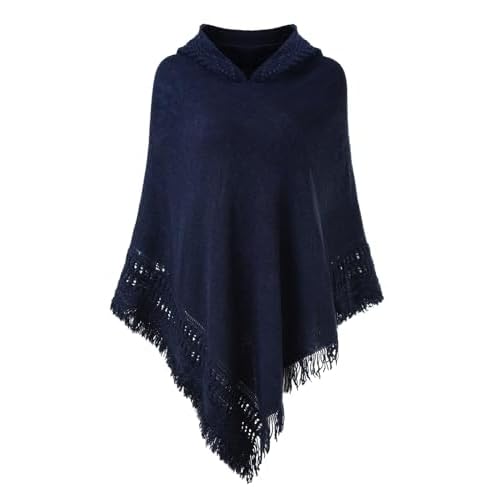 Ferand Ladies' Hooded Cape with Fringed Hem, Crochet Poncho Knitting Patterns for Women One Size Navy Blue