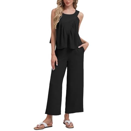 FANCYINN Women's Summer 2 Piece Outfits Peplum Ruffle Sleeveless Babydoll Tank Top Wide Leg Pants Set 2025 Tracksuit Black Large