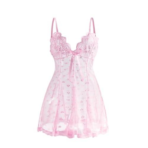 Women's Sheer Lace Babydoll Nightgown, Heart Print, Black, Floral Trim,S-5XL X-Large Pink