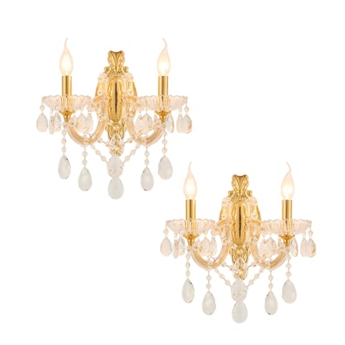 YLONG-ZS Gold Crystal Sconces Set of 2, Crystal Wall Chandelier Sconces Modern, Wall Mount Lamps Bedside, Wall Lamp Gold Wall Light for Bedroom, Livin