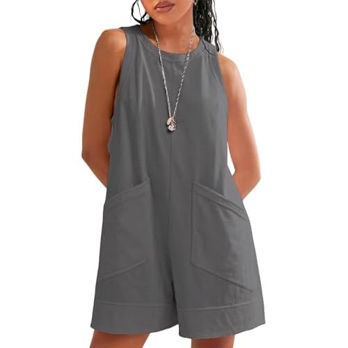 Women's Stretchy Sleeveless Romper Summer Backless Crew Neck Casual Loose Fit Shorts Jumpsuit with Pockets Grey X-Large