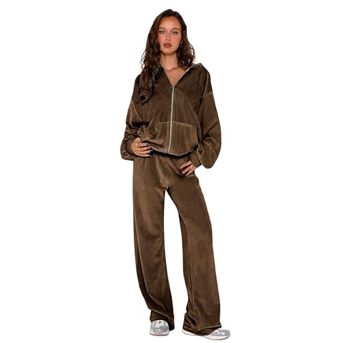 yidengymx Womens 2 Piece Velour Tracksuit Two Piece Soft Velvet Hooded Sweatsuits for Women Lounge with Pockets Medium Hoodie-Straight Pants-brown