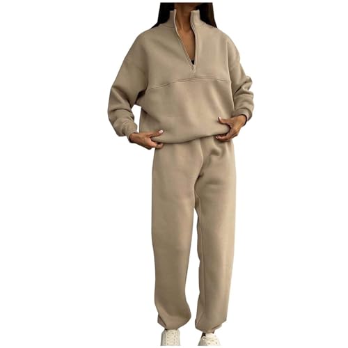 Women's 2 Piece Sweatsuits Outfits Lapel Long Sleeve Half Zip Casual Tracksuit Sweatshirt Joggers Sweatpants Set Beige X-Large