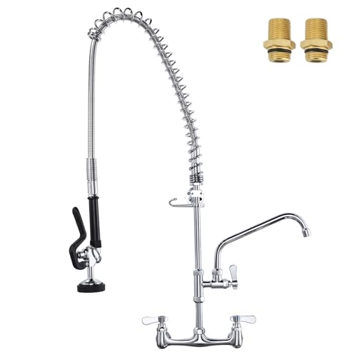 36" Height Commercial Faucet Wall Mount with Sprayer 8" Adjustable Center 10" Swing Spout, Kitchen Sink Faucet with Pull Down Pre-Rinse Sprayer for Re