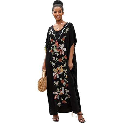 Women's Embroidery Swimsuit Cover Ups Beach Cover Up Caftan Plus Size Vneck Rainbow Ethnic Print Kaftan Batwing One Size 22213-0