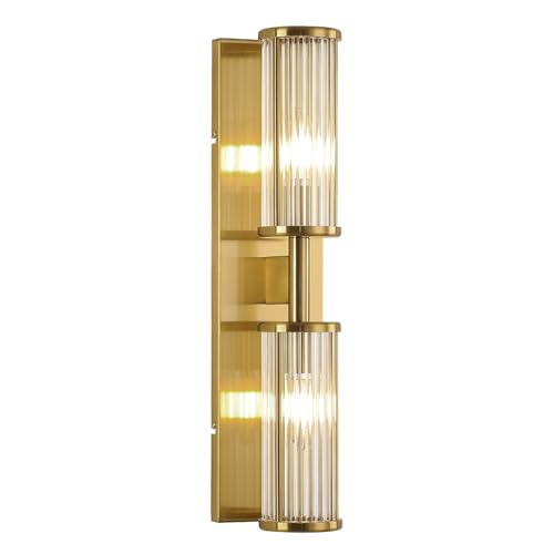 2-Light Modern Vanity Wall Lamp in Brushed Brass, Industrial Bathroom Lighting with Glass Rod Shades, Adjustable Modern Mirror Lights for Bedroom & Ba