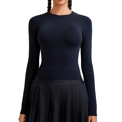 RUNNING GIRL Long Sleeve Yoga Shirts for Women, Soft Fitted Seamless Stretchy Casual Crew Neck Athletic Basic Shirt A-black Large