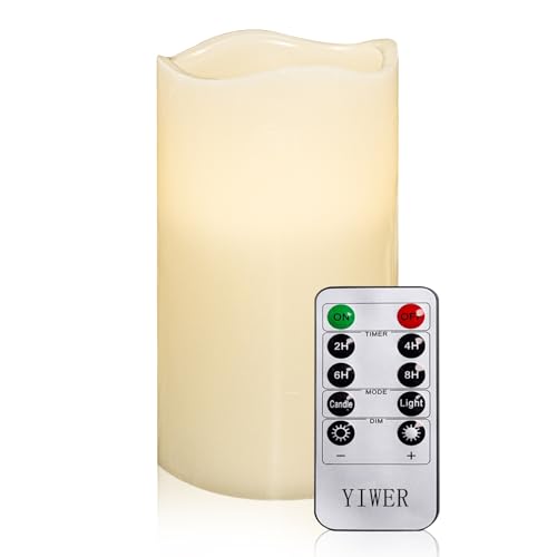 YIWER Wax Flameless Candle 1 Pack, LED Candles Battery Operated 10-Key Remotes Control and Timer Ivory Paraffin Shell for Home,Wedding,Christmas,Valen