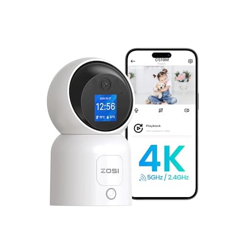 ZOSI 4K Pan-Tilt Smart Security Camera Indoor,Plug in 2.4-5GHz WiFi Camera,2 Way Video, Motion Tracking,8MP Baby-Pet Dog Monitor with Phone app, C519M