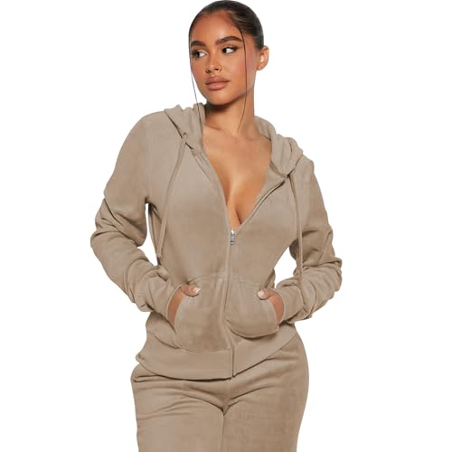 yidengymx Womens 2 Piece Velour Tracksuit Two Piece Soft Velvet Hooded Outfits for Women X-Small Hoodie-Jogger Pants-light Bown