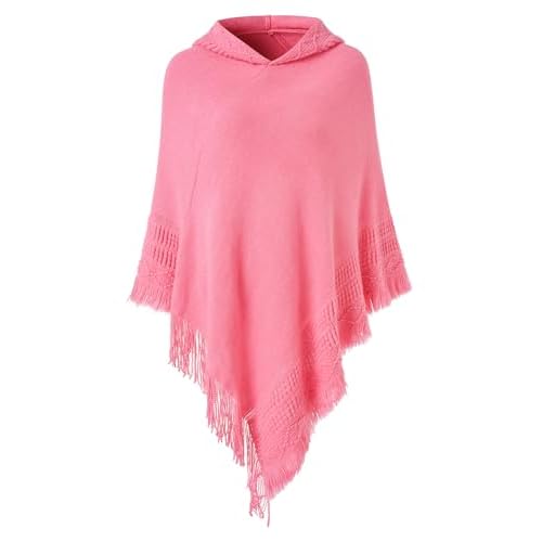 Ferand Ladies' Hooded Cape with Fringed Hem, Crochet Poncho Knitting Patterns for Women One Size Hot Pink