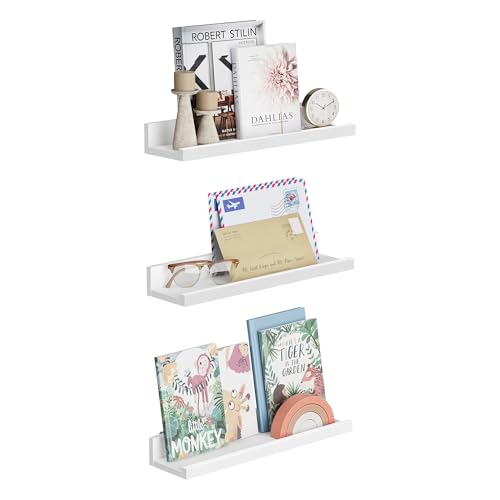 SONGMICS Floating Shelves, Set of 3 Wall Shelves, 15-Inch Wide, for Photo Frames and Trinkets, for Living Room, Home Office, Kitchen, Bathroom, White