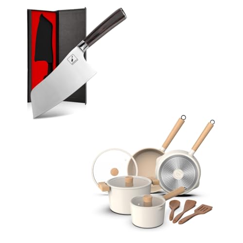 imarku 7 Inch Ultra Sharp Butcher Knife - Japanese SUS440A Stainless Steel and 10 Pcs Granite Cookware Set, PFOA Free, Oven Safe