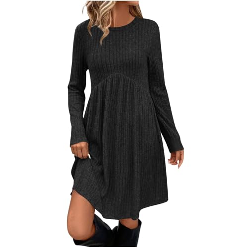 Womens Long Sleeve Sweater Dresses | Ribbed Knit A-Line Midi Dress with Pockets for Fall, Work & Casual A01 Black XX-Large