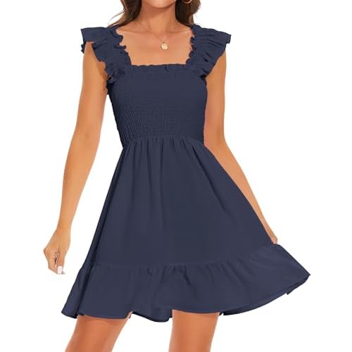 ROYLAMP Women's Smocked Dresses Square Neck Elegant Tiered Boho Ruffle Shoulder Swing Flowy Summer Casual Mini Dress Small Navy Blue