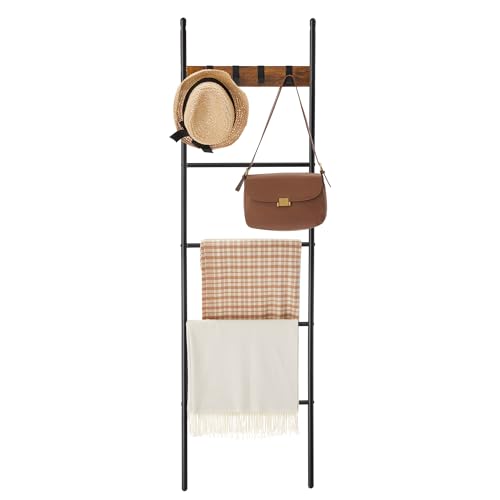 VASAGLE Blanket Ladder, 5-Tier Ladder Shelf, Decorative Ladder with 4 Removable Hooks, Metal Frame, Industrial Style, Rustic Brown and Black ULLS016B0