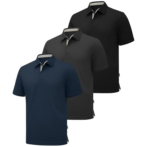 ZITY 3 Pack Polo Shirts for Men Short Sleeve Moisture Wicking T Shirt Business Casual Mens Golf Shirts Collared T-Shirts Black Grey Navy XX-Large