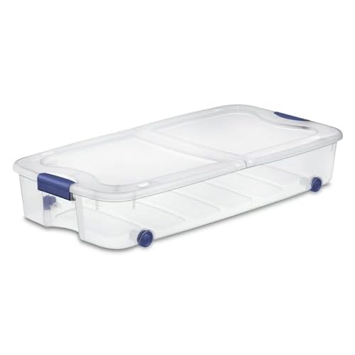 66QT Clear Rolling Underbed Storage Bin - Secure-Latch Plastic Storage Box with Blue Lid for Blankets, Sweaters, Toys & Home Organization, Heavy Duty