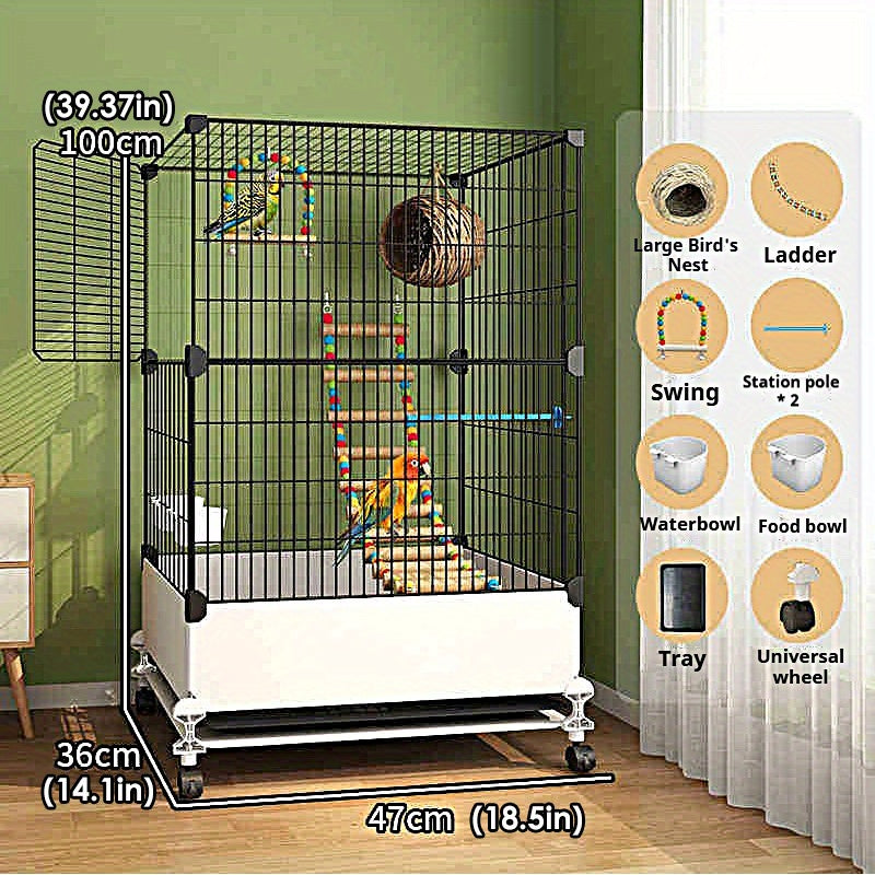 TEMU Large Easy- Cage For Parrots, Cockatiels, Lovebirds, Conures - Spacious Aviary Villa With Swing, Climbing Ladder, Removable Food Bowl -